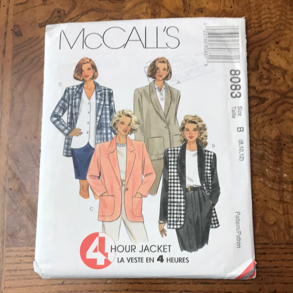 1996 UNCUT McCall's 8083 Women's Jacket 4 Hr Sewing Pattern Size B - 8, 10, 12